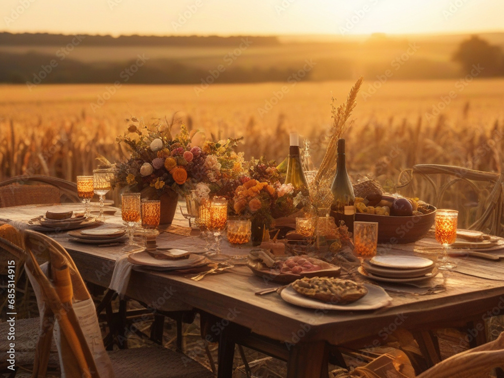 Beautiful table setting for breakfast in the countryside at sunset. Vintage style. Harvest concept.