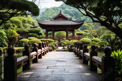 A peaceful temple amidst nature representing the serenity of Buddhism.