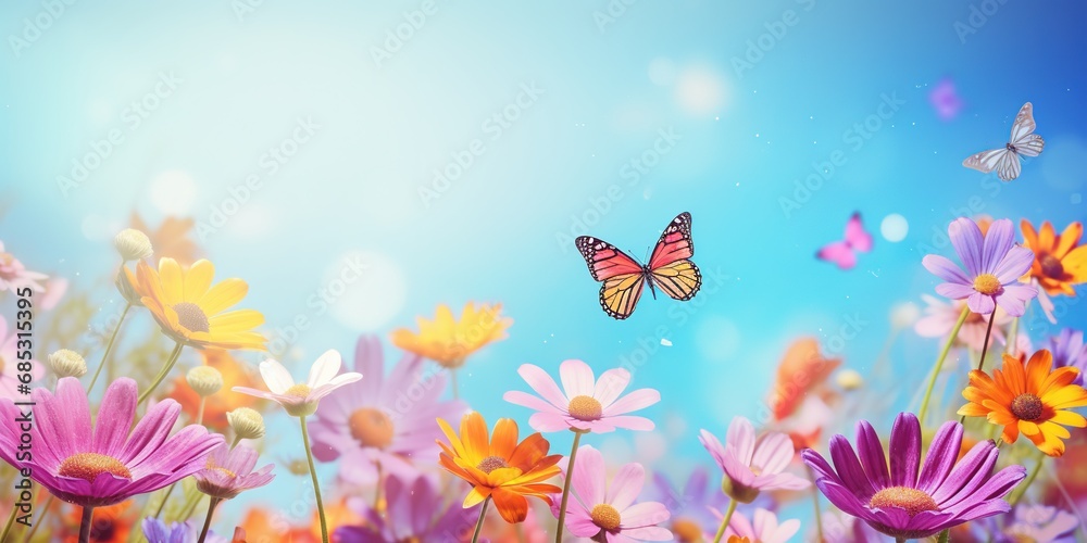 soft focus daisy flowers with bokeh glitter glow light, beautiful wildflower blossom field landscape with butter fly, dreamy spring background wallpaper, Generative Ai
