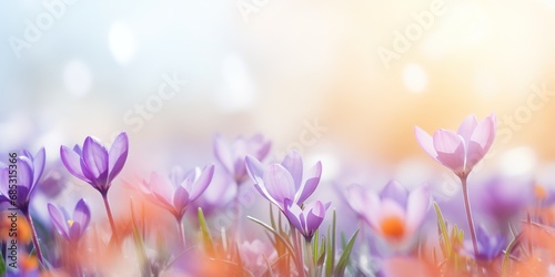soft focus crocus flowers with bokeh glitter glow light, beautiful wildflower blossom field landscape, dreamy spring background wallpaper, Generative Ai
