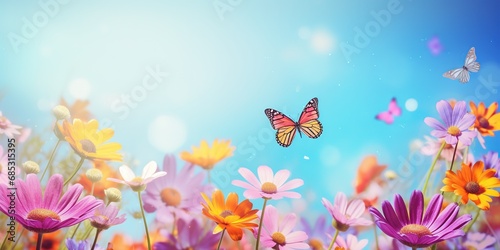 soft focus daisy flowers with bokeh glitter glow light  beautiful wildflower blossom field landscape with butter fly  dreamy spring background wallpaper  Generative Ai