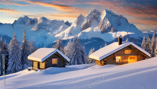 Painting of winter skiing christmas mountain cottage scene in beautiful landscape in the alps
