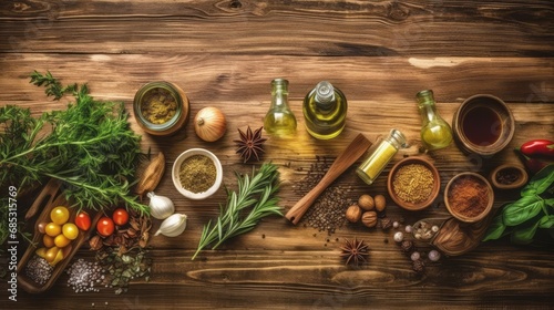 Flat lay wooden background with olive oil, herbs, spices and cutting board and cooking ingredients