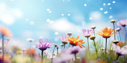 soft focus daisy flowers with bokeh glitter glow light, beautiful wildflower blossom field landscape, dreamy spring background wallpaper, Generative Ai © QuietWord