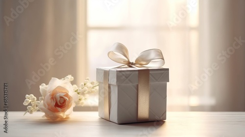 Gift box standing on the table in the light room