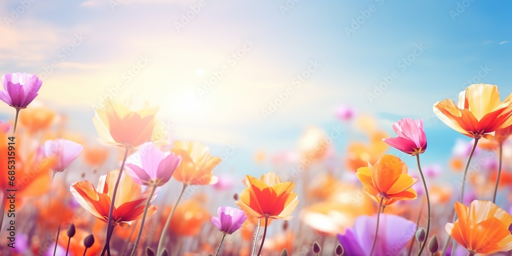 soft focus tulip flowers with bokeh glitter glow light, beautiful wildflower blossom field landscape, dreamy spring background wallpaper, Generative Ai - obrazy, fototapety, plakaty 