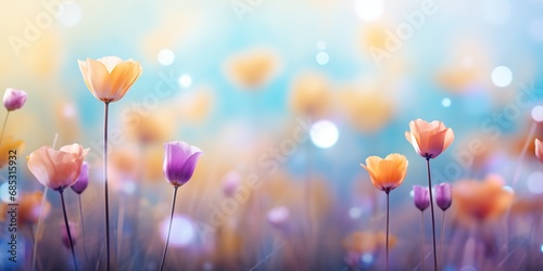 soft focus tulip flowers with bokeh glitter glow light, beautiful wildflower blossom field landscape, dreamy spring background wallpaper, Generative Ai