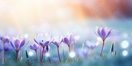 soft focus crocus flowers with bokeh glitter glow light, beautiful wildflower blossom field landscape, dreamy spring background wallpaper, Generative Ai
