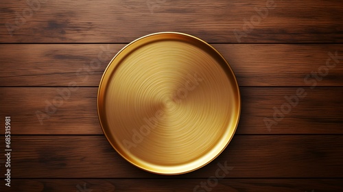 Top View of an empty Plate in gold Colors on a wooden Table. Elegant Template with Copy Space