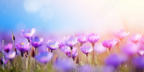 soft focus crocus flowers with bokeh glitter glow light, beautiful wildflower blossom field landscape, dreamy spring background wallpaper, Generative Ai