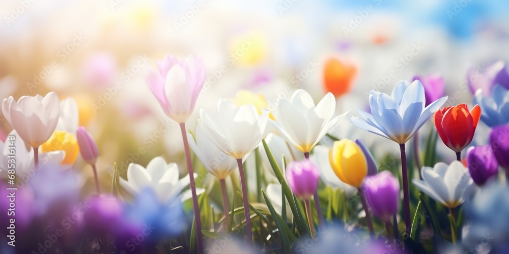 soft focus crocus flowers with bokeh glitter glow light, beautiful wildflower blossom field landscape, dreamy spring background wallpaper, Generative Ai