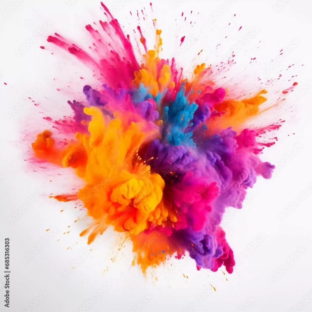 Top view of colorful holi powder explosion on white background, AI generator
