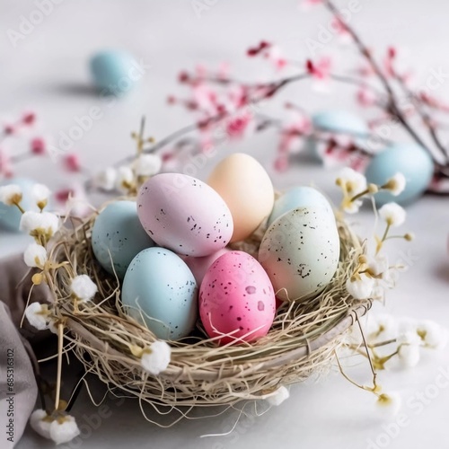 Colored eggs lie next to willow branches on a white background. Festive decor for Easter with quail eggs, painted Easter eggs lie among the willow branches, AI generator