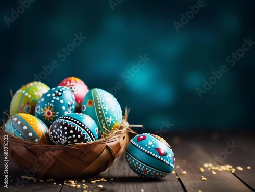 Happy Easter, Easter painted eggs in a basket on a wooden rustic table for your holiday greeting. copy space, AI generator