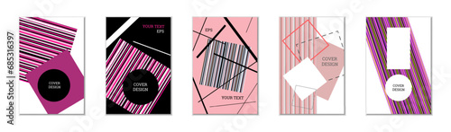 Geometric cover design, set of 5 covers. Abstract unusual background in Memphis style. Bright geometric shapes in random order
