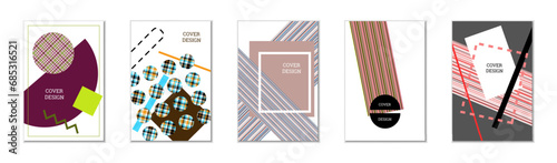 Geometric cover design, set of 5 covers. Abstract unusual background in Memphis style. Bright geometric shapes in random order