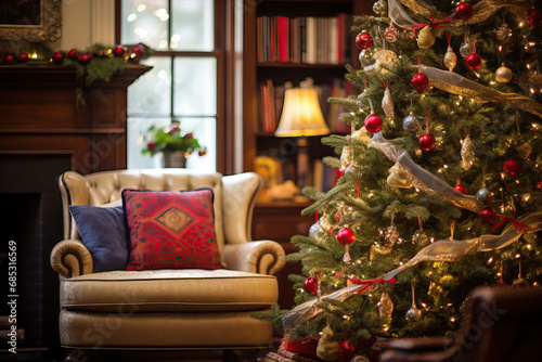 Vintage Christmas tree adorned with antique ornaments  tinsel  and classic string lights  cozy living room setting with vintage furniture  a fireplace