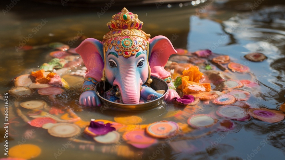 A clay Ganesh idol submerged in a colorful water basin during a vibrant and joyful immersion ceremony. - obrazy, fototapety, plakaty 