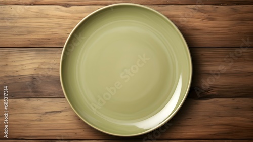 Top View of an empty Plate in khaki Colors on a wooden Table. Elegant Template with Copy Space