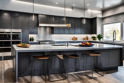 Modern grey kitchen features dark grey flat front cabinets paired with white quartz countertops photo