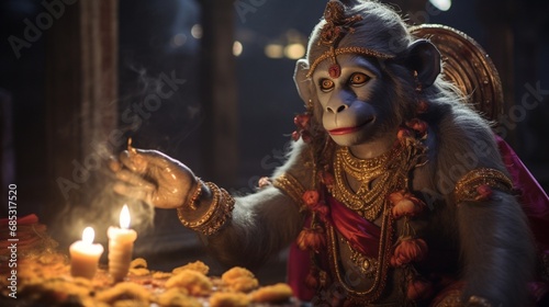 A close-up of a priest performing an elaborate aarti ceremony for Hanuman.