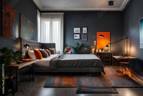 Bedroom with grey walls and grey bed with colorful pillows and orange lamp.