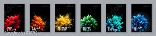 Watercolor booklet colourful cover bundle set with paint splash on black background
