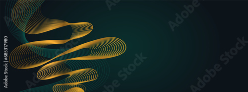 Luxury dark green abstract background with glowing golden wave. Modern green gradient flowing gold wave lines. Shiny futuristic technology concept. Vector illustration