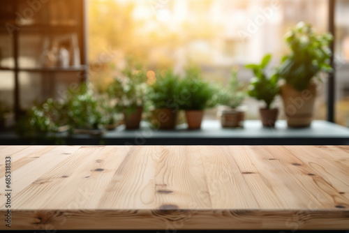 Wooden table on blurred kitchen bench background. Empty wooden table and blurred kitchen background. Generative Ai