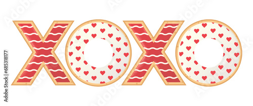 Letter shaped cookies with red and white royal icing. Cake for lovers, for Valentine's day, wedding, anniversary, party, romantic date, event. Text xoxo photo