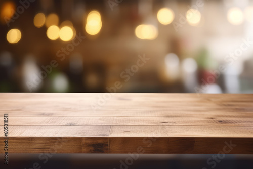 Wooden table on blurred kitchen bench background. Empty wooden table and blurred kitchen background. Generative Ai