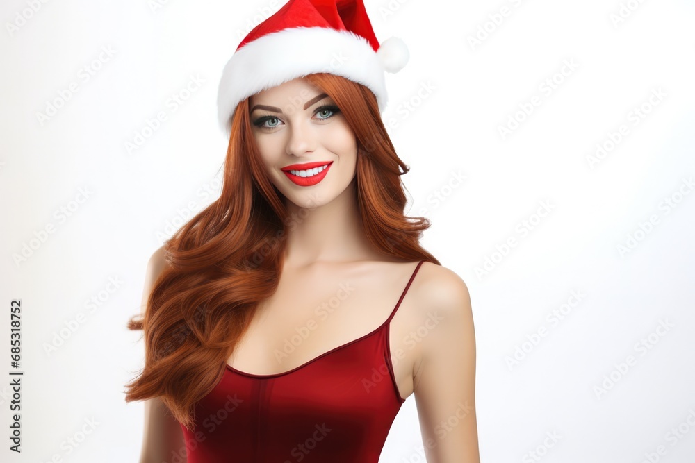 Joyful Redhead With Radiant And Lively Spirit Wearing Santa Claus Hat On White Background Joyful Redhead With Radiant And Lively Spirit Wearing Santa Claus Hat On White Background