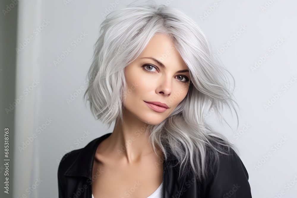 Fototapeta premium Lady With Silver Hair And Distinctive, Nontraditional Look On The Background Of White Wall