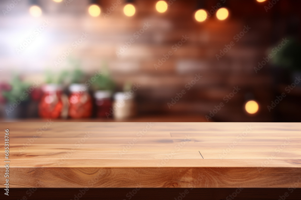 Wooden table on blurred kitchen bench background. Empty wooden table and blurred kitchen background. Generative Ai Wooden table on blurred kitchen bench background. Empty wooden table and blurred kitchen background. Generative Ai