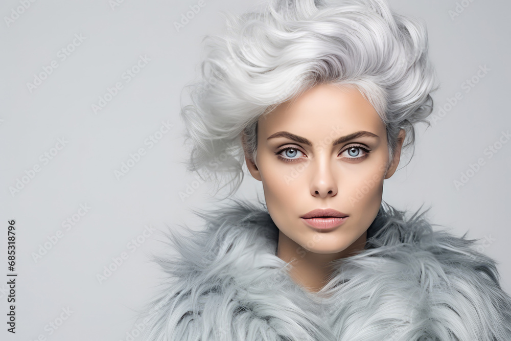 Lady With Unique Silver Hair And Standout Appearance On The Background Of White Wall Lady With Unique Silver Hair And Standout Appearance On The Background Of White Wall