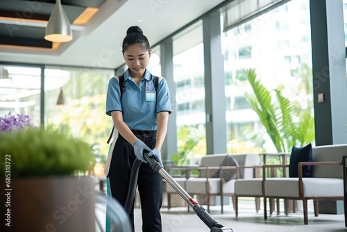 Janitor Using Vacuum Cleaner For Professional Carpet Cleaning Service photo