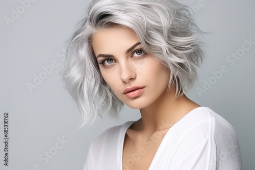 Lady With Silver Hair And Distinctive Presence On The Background Of White Wall