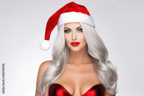 Lady With Silver Hair And Distinctive, Nontraditional Look Wearing Santa Claus Hat On White Background