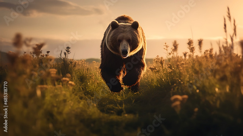 a bear walking in a field during sunset photo