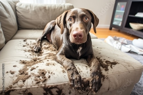 Muddy Dog Leaves Carpet And Living Room Filthy. Сoncept Pet Mess Clean Up, Carpet Stain Removal, Odor Elimination, Deep Cleaning Services, Living Room Restoration photo