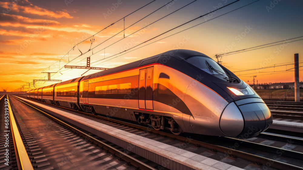 Fototapeta premium Modern high-speed train on the railroad at sunset. Shallow depth of field