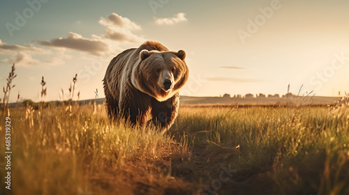 a bear walking in a field during sunset