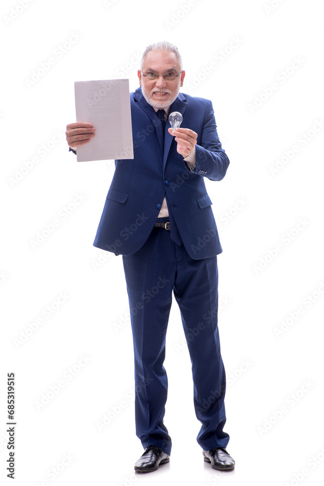 Old businessman in happy idea concept isolated on white Old businessman in happy idea concept isolated on white