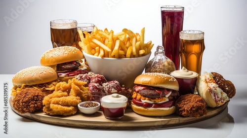 Harmful, not healthy fast food in the form of hamburgers, fries, carbonated drinks, chicken nuggets. fatty, unhealthy foods, fast carbohydrates