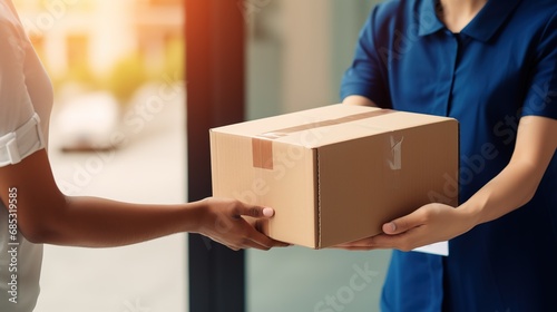 Delivery man courier gives the parcel to the customer