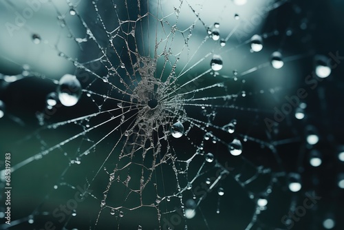 Raindrop Trapped In Spider Web On Broken Glass