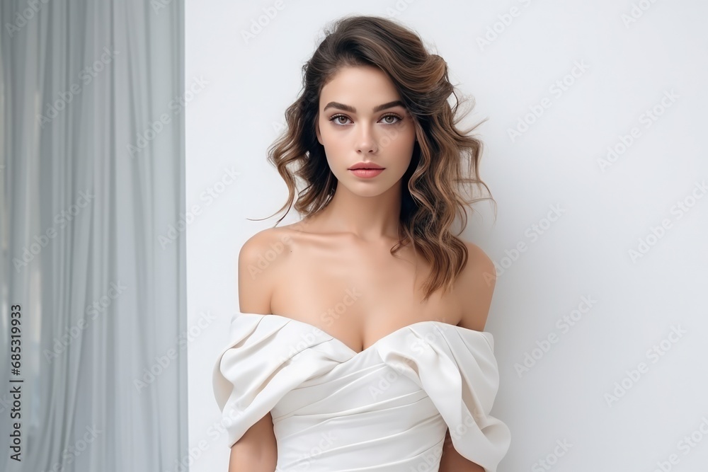 Statuesque Brunette With Elegant And Captivating Charm On The Background Of White Wall Statuesque Brunette With Elegant And Captivating Charm On The Background Of White Wall