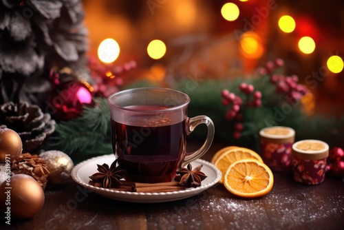 Steaming Cup Of Mulled Wine Amidst Joyful Christmas Scene