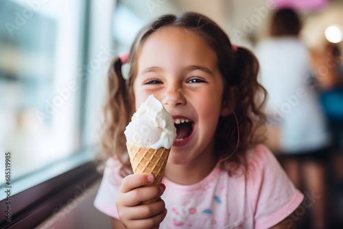 Happy little girl savoring a delicious ice cream in a crispy waffle cone with positivity