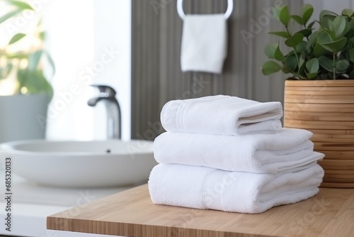 Towel On Wooden Counter In Front Of Bathroom Cleanliness And Organization